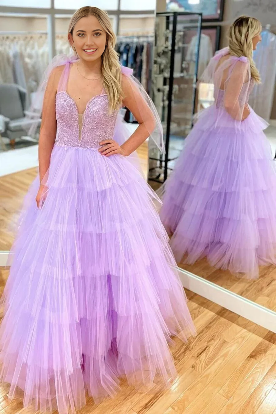 A Line Princess Spaghetti Straps Lilac Long Prom Dress with Appliques Ruffles